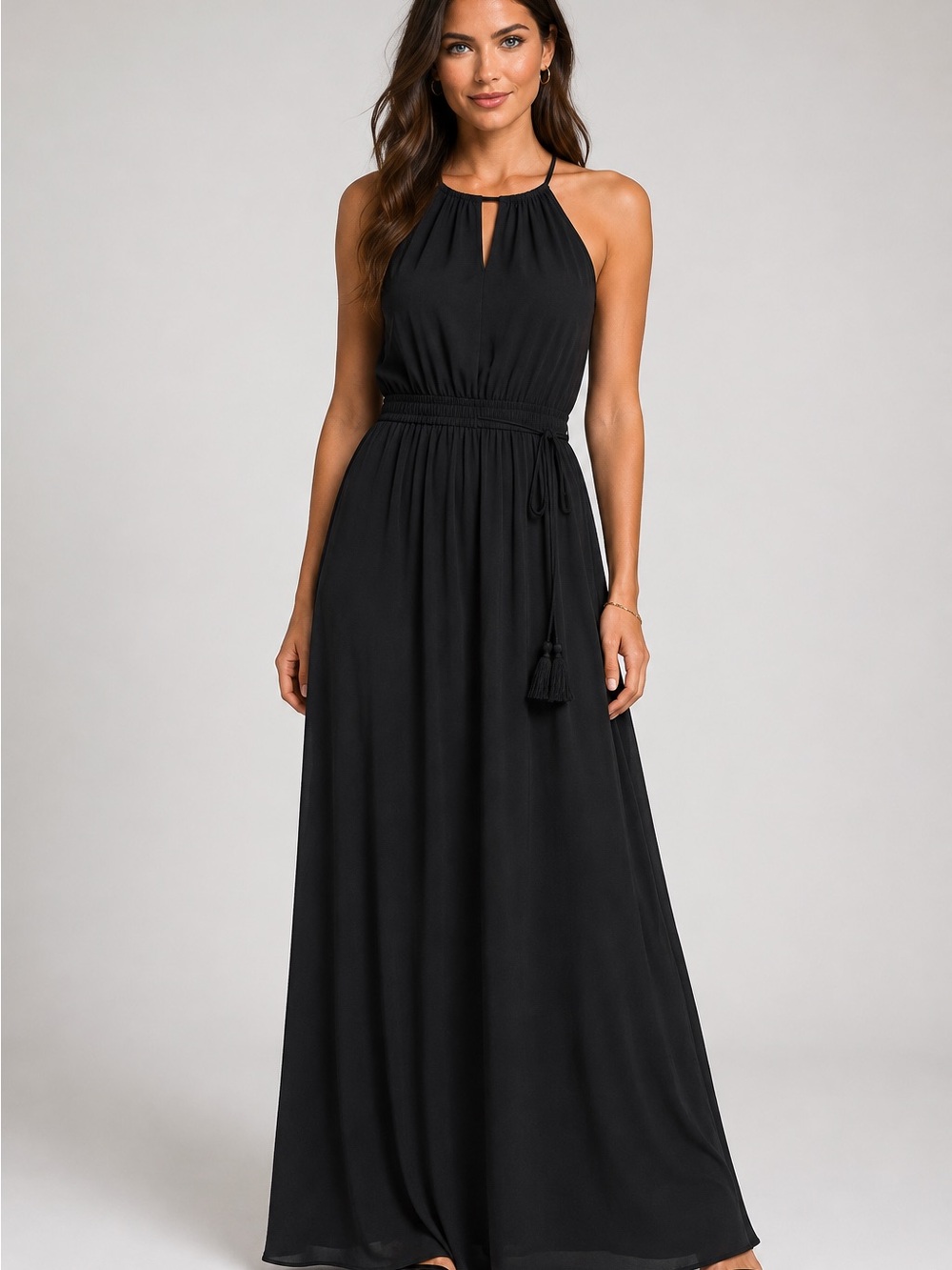 LOFT Black Halter Maxi Dress Tall Small Tassel Tie Elastic Waist Sleeveless